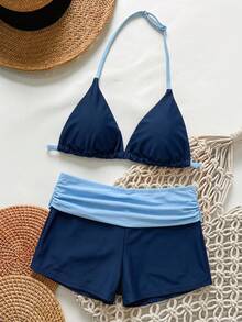 SHEIN Conjunto de banho para rapariga adolescente/raparigas adolescentes com top de biquíni de malha preta com alças finas e acabamento em contraste e calções, para férias na praia - Multicolorido - Ver 5