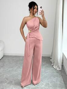 SHEIN Raffinéa 極簡性感風不對稱領口背心上衣與下裝2件組女裝套裝 - 粉色 - 查看 4