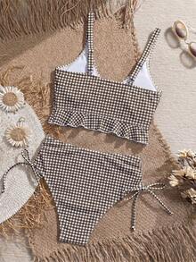 Swim Mod Women's Summer Beach Holiday Plaid Ruffle Trim Camisole Bikini Top - Brown - View 2