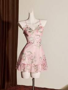 Slumberist Sexy Sheer Mesh Jacquard Jacquard Camisole Nightgown - Pink - View 7