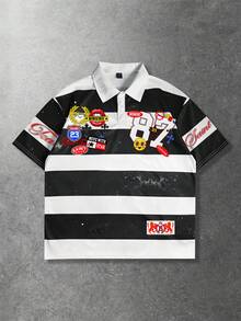 ROMWE MEN Men's Plus Size 2026 New Summer Casual Fashion Streetwear Daily Commute Digital Letter Print Contrast Stripe Short Sleeve Polo Shirt - Multicolor - View 1