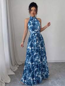 Elenzga Non-Positioned Print Pink Ruffle Collar Pleated Waist A-Line Elegant Romantic Women's Dress Print Spring Summer Dress Dating - Multicolor - View 3