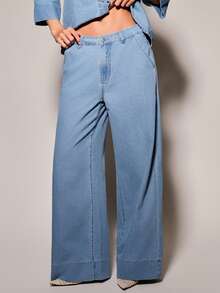 COSMINA Denim Set Denim Wanita Lengan Gulung Rumbai Warna Polos Kancing untuk Ulang Tahun, Sehari-hari, Pergi Keluar, Liburan, Biru Muda, Musim Panas, Kasual - Biru - View 6