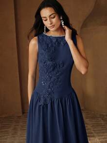 Anewsta Women's Summer Sleeveless Embroidered Floral Sky Blue Pearl Pleated Elegant New Spring/Summer Dress - Royal Blue - View 6