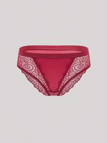 Hourtrue 1pc Mid-Rise Solid Color Contrast Lace Brief Lingerie - Burgundy - View 1