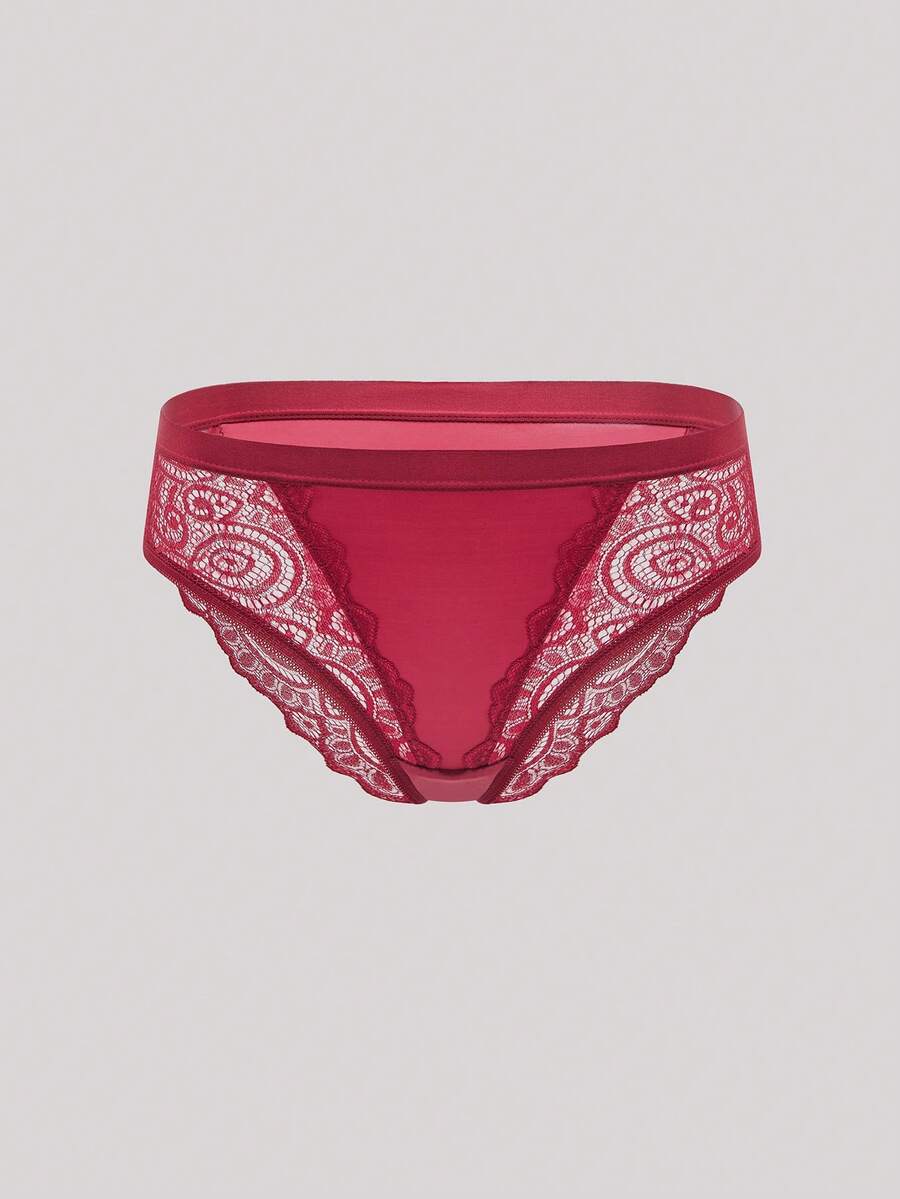 Hourtrue 1pc Mid-Rise Solid Color Contrast Lace Brief Lingerie - Burgundy - View 1