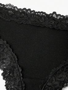 Bisouelle 1pc Women Lace Trim Ribbed Comfy Romantic Low-Rise Brazilian Panties - Black - View 3