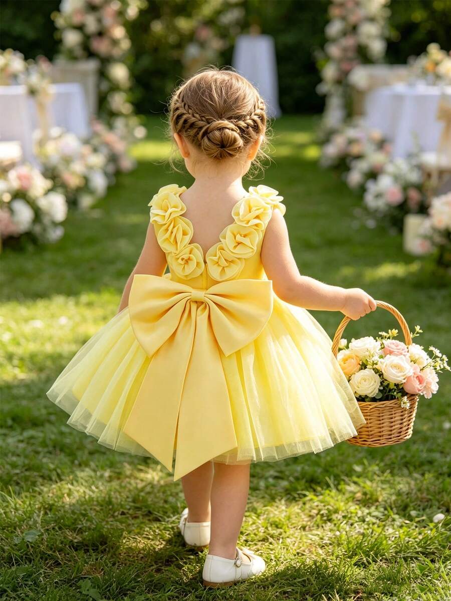SHEIN Glamorique Kids 女嬰黃色緞面網紗正式禮服，3D花朵裝飾、大蝴蝶結背部、蓬蓬裙，適合婚禮、生日派對花童，夏季優雅款