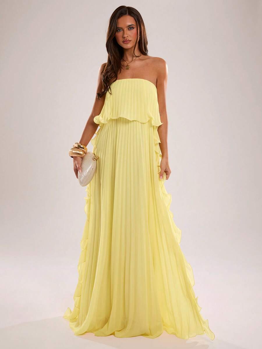 SHEIN BAE فستان ماكسي طويل بطول الأرض بأسلوب رومانسي للعطلات، أصفر، بتصميم باندو مع كشكشة مطوية، مناسب للربيع والصيف، فستان زفاف وحفلات - أصفر - مشاهدة 1