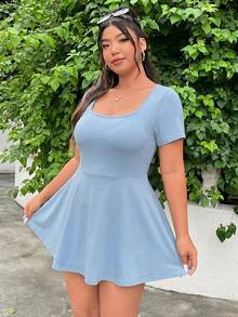Solflare Plus Size Women's Baby Blue Sommar Casual Vacation Jumpsuit,Square Collar Short Sleeve A-Line Ruffle Hem High Stretch Pocketed Anti-Chafing Romper - Blue - View 3
