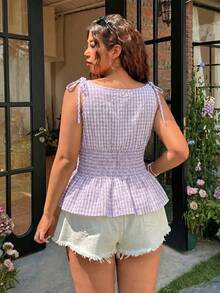 SHEIN EZwear 大尺碼女款燈籠袖荷葉邊格紋前綁帶上衣 - 淡紫色 - 查看 2