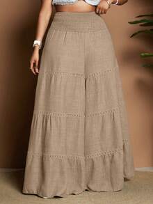Maweii Plus Size Women's Casual Vacation Daily Commute Minimalist Solid Color Tiered Hem Wide Leg Pants - Khaki - View 3