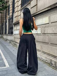 Coolane 女款夏季西式牛仔街頭風演唱會Y2K森林迷彩寬鬆低腰香蕉褲 黑色 - 黑色 - 查看 5