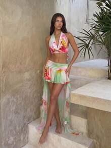 Bonvoyette Women's 2-Piece Set, Random Print Halter Backless Top And Beach Vacation Layered Ruffle Hem Skirt, Spring/Summer - Multicolor - View 6