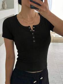 Dazy Star Solid Color Ribbed Knit Short Sleeve T-Shirt,Crop Tops Women - Black - View 11