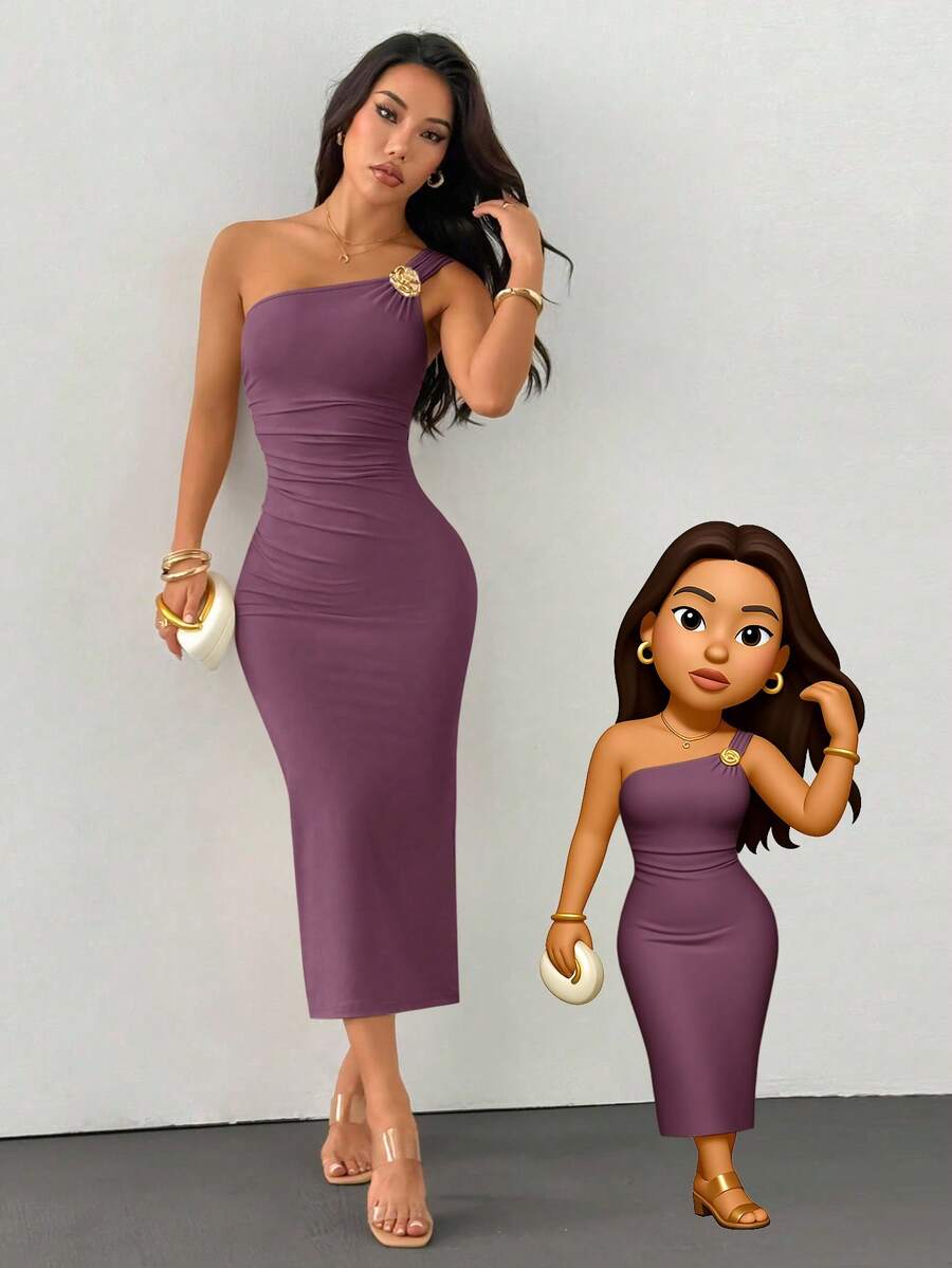 SHEIN PETITE Gold Color Brooch Decor Asymmetric Neck Ruched Fishtail Skirt ,Petite Women - Dusty Purple - View 1