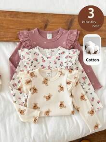 LMoss Kids Baby Girl Autumn/Winter Cute Versatile Casual Knit Solid Color Flutter Sleeve Long Sleeve Top 3-Piece Set - Multicolor - View 3