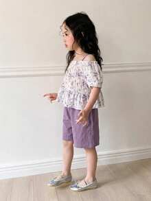 Dazy Kids Setelan 2 Potong Kemeja dan Celana Pendek Motif Bunga Kasual Musim Panas untuk Anak Perempuan - Mauve Purple - View 5