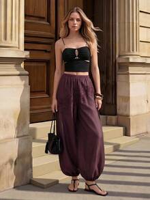 Ciel Poise Pants Loose Lantern Satin Textured Elastic High Waist Lace Cuffed Elegant Exotic Casual Burgundy Lace Patchwork Pleated Solid Women's Pants Vacation - Burgundy - View 7