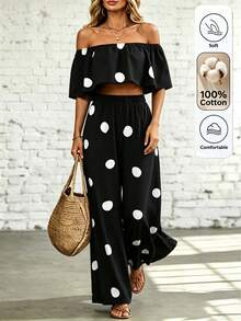 SHEIN Holidaya Women's Spring/Summer New Vacation Casual Off-Shoulder Ruffle Long Pants Two Pieces Set - Black and White - View 6