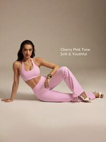 Silquee Dam Enfärgat Spaghettiband Bekvämt Andningsbart Fitness Sport Set, Sommar - Rosa - Visa 6