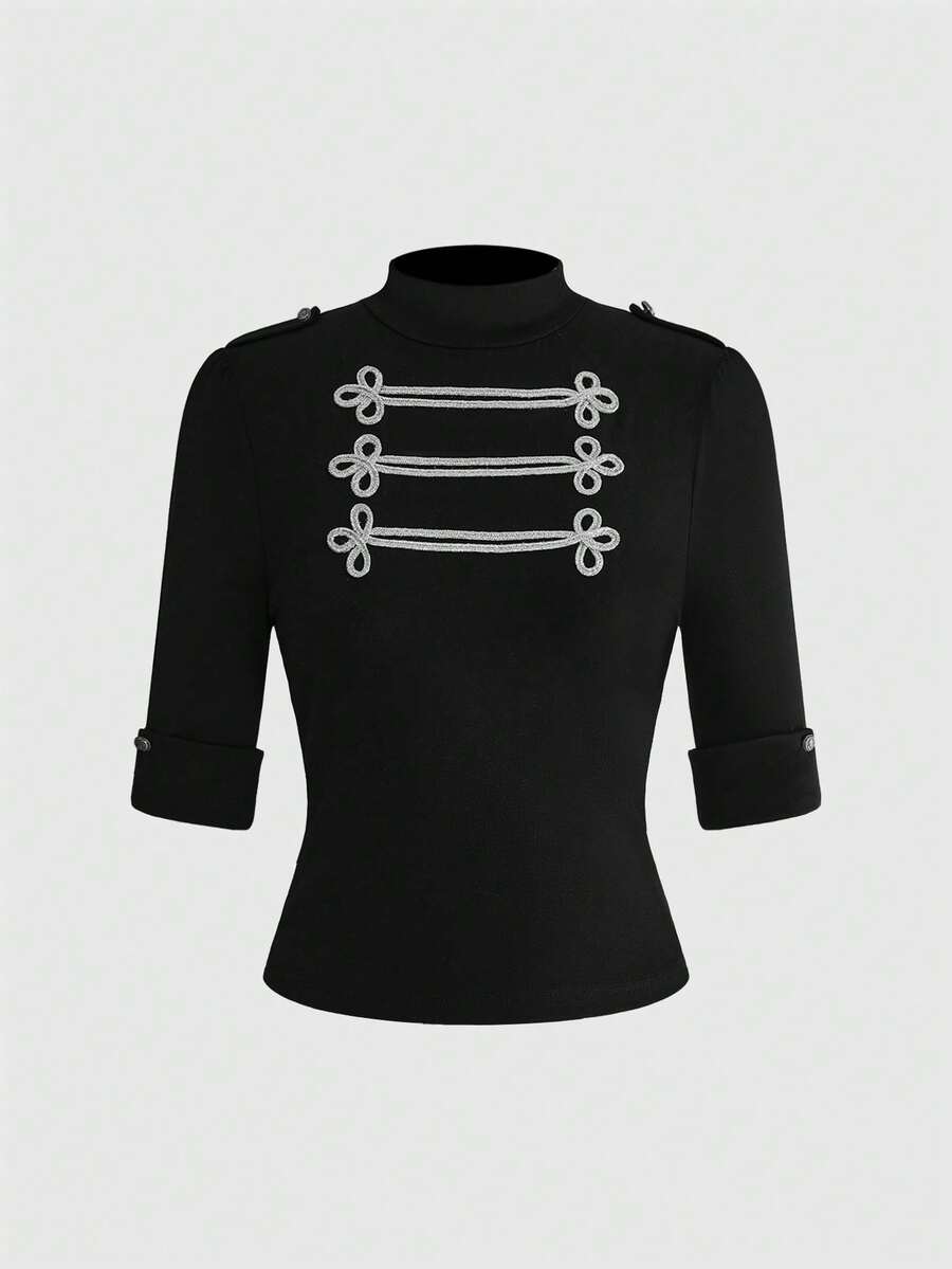 ROMWE Grunge Punk Summer Punk Medieval Napoleon Design Vintage Epaulette Half-High Collar Mid-Sleeve Top - Black - View 1