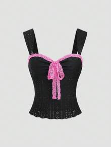 Sweetra Women's Spring/Summer New Vintage Sexy Hot Girl Cute Playful Colorblock Patchwork Jacquard Hollow Fabric Lace Trim Bow Tie Front Slim Fit Tank Top - Black - View 4