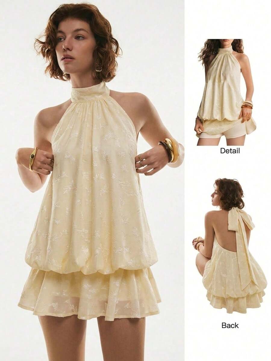 Poéselle Women's Halter Neck Mini Dress For Women – Backless Bubble Hem Layered Ruffle Summer Dress Bubble Hem Dress Ruffle Mini Dress Cute Sundress - Yellow - View 1