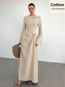 Siren Gaze 女款素色扭結細節前金屬扣飾喇叭長袖洋裝，女款婚禮賓客洋裝，女款冬季洋裝 - 杏色 - 查看 2