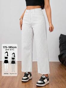SHEIN Tall 女款極簡線條設計休閒牛仔褲，適合高個女性 - 黑與白 - 查看 1