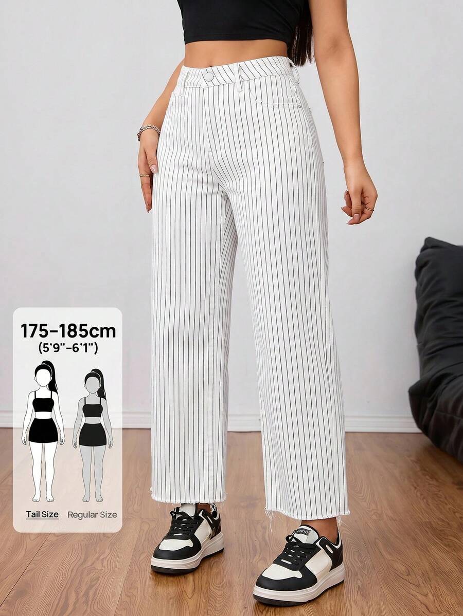 SHEIN Tall 女款極簡線條設計休閒牛仔褲,適合高個女性 - 黑與白 - 查看 1