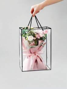 1 Peça Bolsa Tote Transparente de Grande Capacidade com Borda Preta e Estampa Floral para Presente, para Casamento, Aniversário, Natal, Aniversário de Casamento, Embrulho de Presente, Lembrancinhas de Festa, Celebrações, Reutilizável - Preto - Visão 3