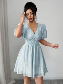 Modelyn Women's Elegant Striped Print Puff Sleeve Short Dress For Spring And Summer - Blue - View 4
