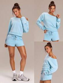 GLOWMODE Everyday Terry GlowOff Soft Breathable Sweat-Wicking Oversized Loose Fit Off-Shoulder Pullover Sweatshirt Daily Casual Wear - Blue Day - View 8