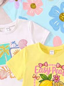 6 pièces Ensemble de tenues pour filles, 1 set avec un motif imprimé intéressant de nœud décoratif de citron minimaliste d'été frais, 1 set avec un motif floral minimaliste de dopamine, 1 set avec un t-shirt de style vacances pour filles avec un motif géométrique de coquillage d'arbre de cocotier ensoleillé frais et des shorts à vagues colorées d'étoile de mer, convient pour le port décontracté en extérieur et en vacances, printemps/été - Multicolore - Voir 2