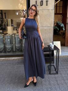 Siren Gaze Navy Blue Striped Sleeveless High-Waisted Midi Dress, Elegant Vintage Style With A Flowing Drape, Perfect For Work - Navy Blue - View 5
