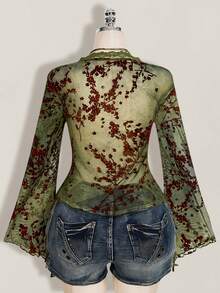SHEIN ICON Women's Plus Size Retro Sexy Millennial Style Y2K New Chinese Style Green Mesh Floral Flocked Flared Sleeve Lace Patchwork Front Bow Tie Top Boho - Green - View 2