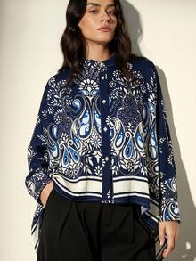 Frievida Kemeja Wanita Gaya Liburan Lengan Panjang Longgar dengan Desain Blok Warna Vintage Elegan untuk Komuter dan Syal Persegi di Bagian Bawah Lengan. - Navy Blue - View 8
