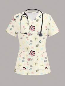 SHEIN Essnce Women's Scrub Uniform Graffiti Print Pattern Top, Suitable For Pet And Children's Hospitals - Multicolor - View 4