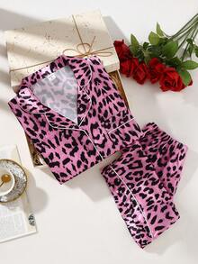 Teen Girls Classic Leopard Print Collar Short Sleeve Shorts Comfortable 2 Pieces Pajama Loungewear Set - Multicolor - View 9