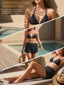 Swim Vcay Ensemble de 3 pièces de maillot de bain sexy avec liens, imprimé populaire de lys et de léopard, haute élasticité, pour la plage et les vacances - Noir - Voir 5