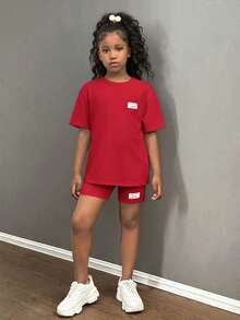 SHEIN 青少年女孩休閒時尚街頭風寬鬆T恤與緊身單車褲兩件組 - 紅色 - 查看 6