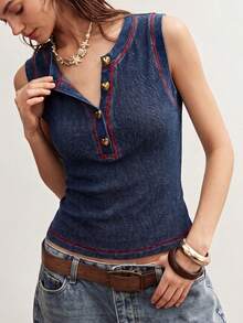 Bohemela Women Casual Solid Color Knit Cardigan Vest - Blue - View 5