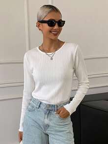 DAZY Ribbed Knit Lettuce Trim Tee,Fall Clothes Long Sleeve Women Tops - White - View 12