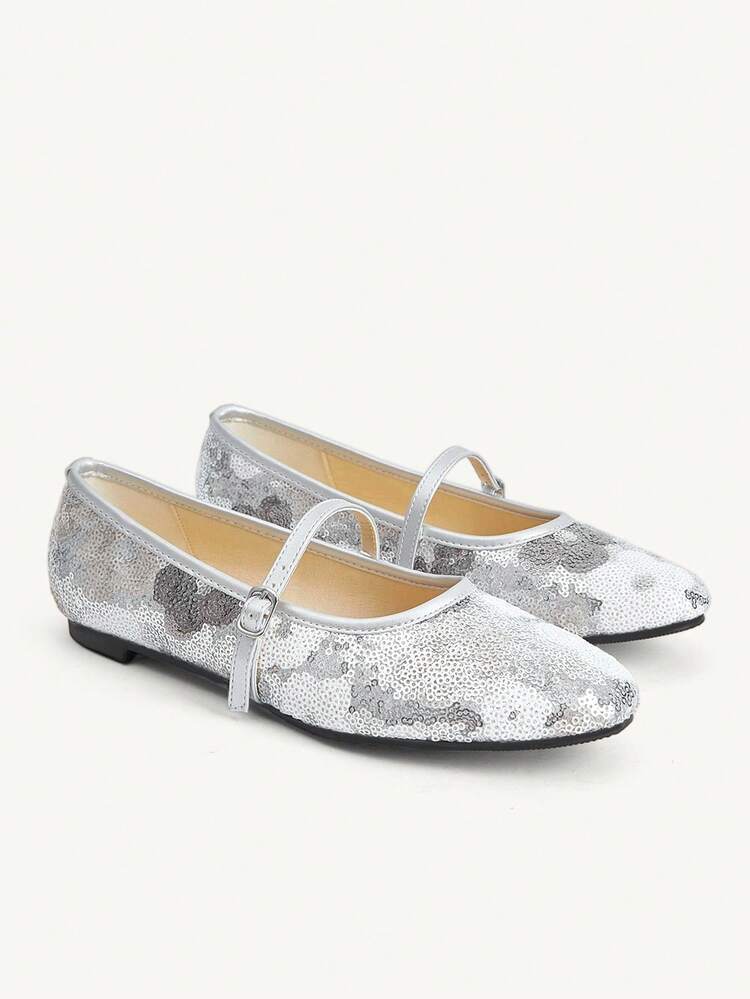 CUCCOO CHICEST French Silver Sequined Mary Jane Shoes Women's Summer New Light Mouth Flat Bottom One Word Buckle Ballet Shoes