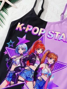 SHEIN 少女卡通印花連身泳衣，鮮豔紫色K-Pop女團圖案泳裝，甜美夏季海灘穿搭，女童坦基尼海灘裝 - 紫色 - 查看 5