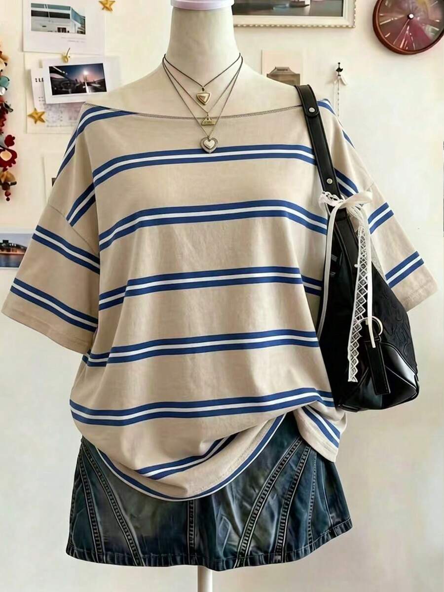Lalippa 女款條紋落肩休閒寬鬆T恤 - 黑色 - 查看 1
