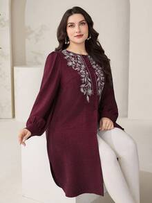 Veilorie Plus Size Women's Spring/Autumn Casual Vacation Style Floral Embroidery Lantern Sleeve Loose Long Shirt - Burgundy - View 5
