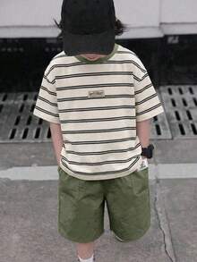 2pcs/Set Tween Boys Casual Comfortable Versatile Striped Print T-Shirt And Solid Color Shorts Set - Army Green - View 4
