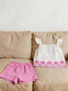 SHEIN Sparklyn Tween Girl Floral Print Ruffle Sleeve Top And Shorts Set - Multicolor - View 3